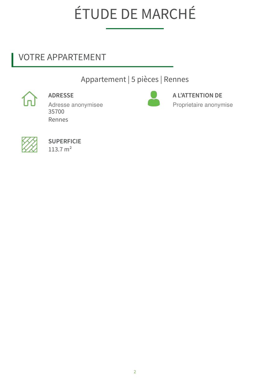 Page présentant le bien étudié : type, surface, commune